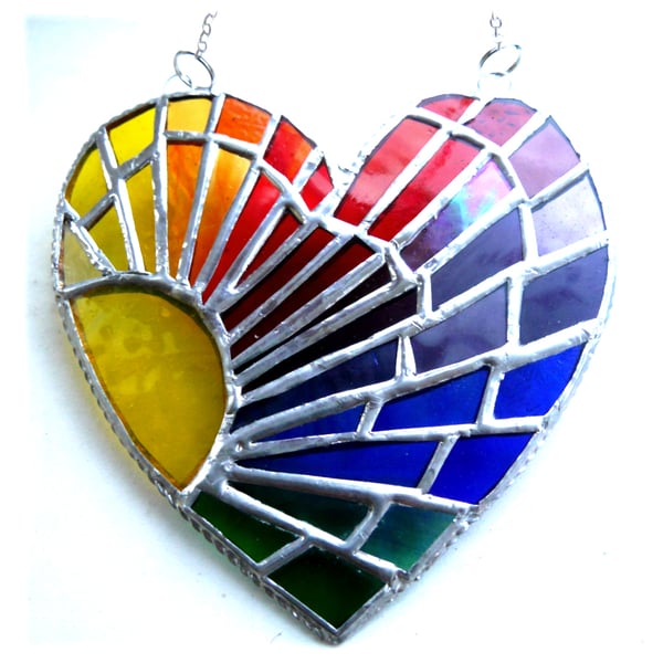 Rainbow Rays Valentine Sun Heart Suncatcher Stained Glass Handmade 002