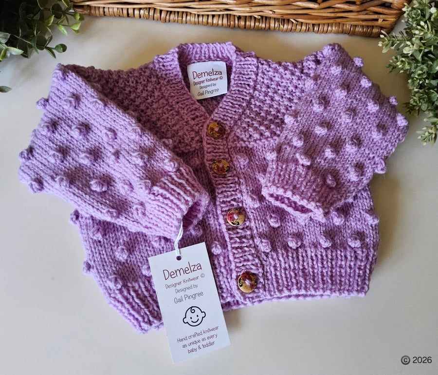  Bobble Design Hand Knitted Baby Girl's Cardigan Pure Merino Wool 6-12mth size