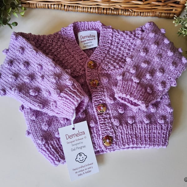  Bobble Design Hand Knitted Baby Girl's Cardigan Pure Merino Wool 6-12mth size