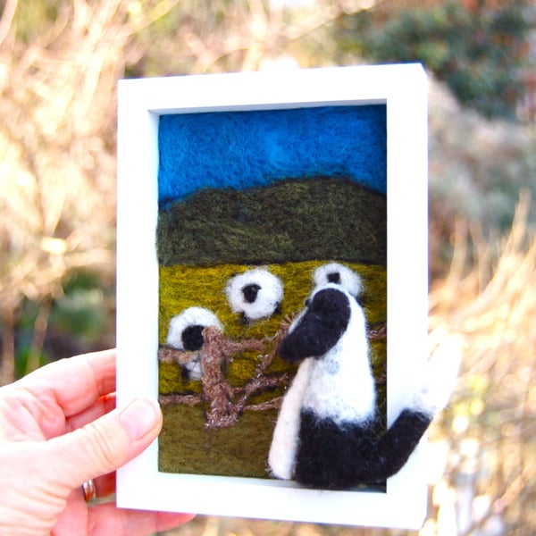  Needle felt picture - Border Collie  sheepdog puppy watching  sheep .  