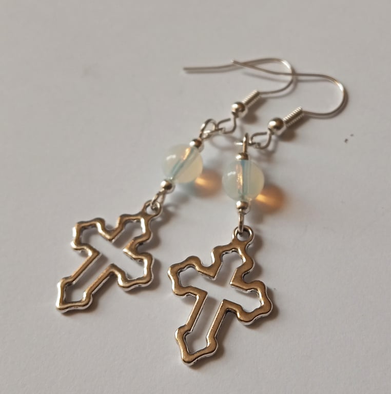Large Cross Opalite Dangle Earrings