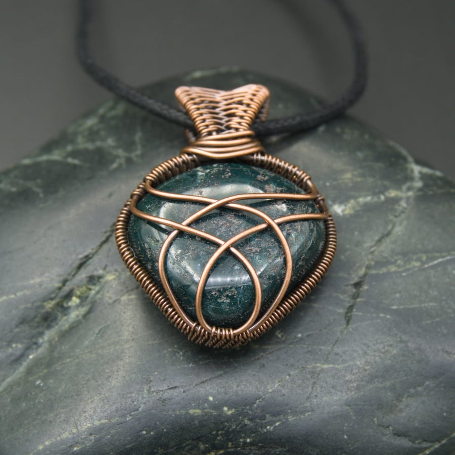 Copper Wire Wrapped Green Bloodstone Pendant
