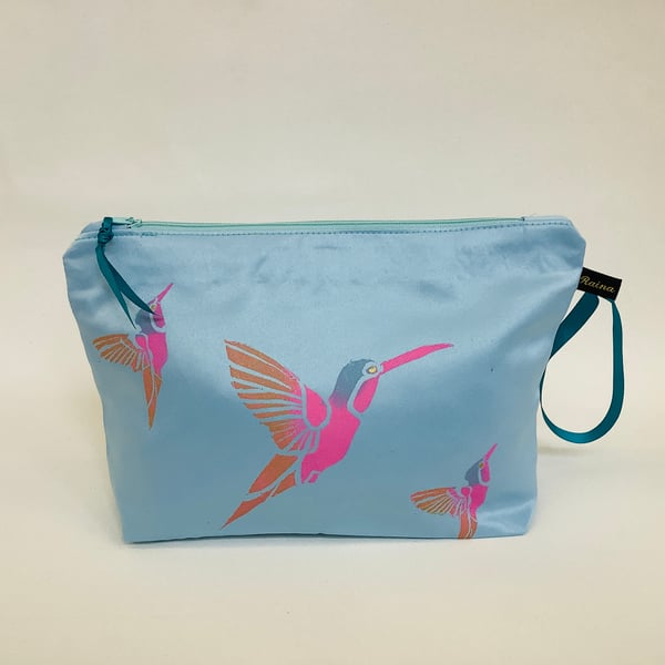 Sky Blue Hummingbirds Duchess Satin Makeup Bag