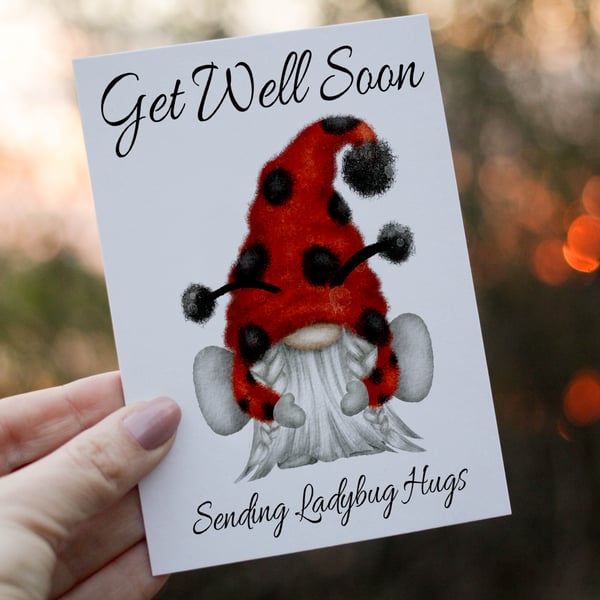 Ladybird Gnome Get Well Soon Card, Gnome Get Well Card, Personalized Card