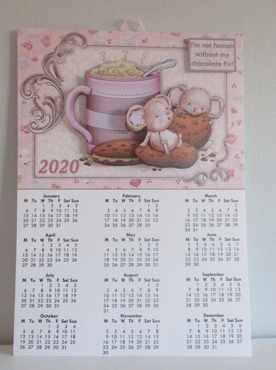 Handmade  Wall Calendar, mouse, chocolate 2020,Decoupage,3D