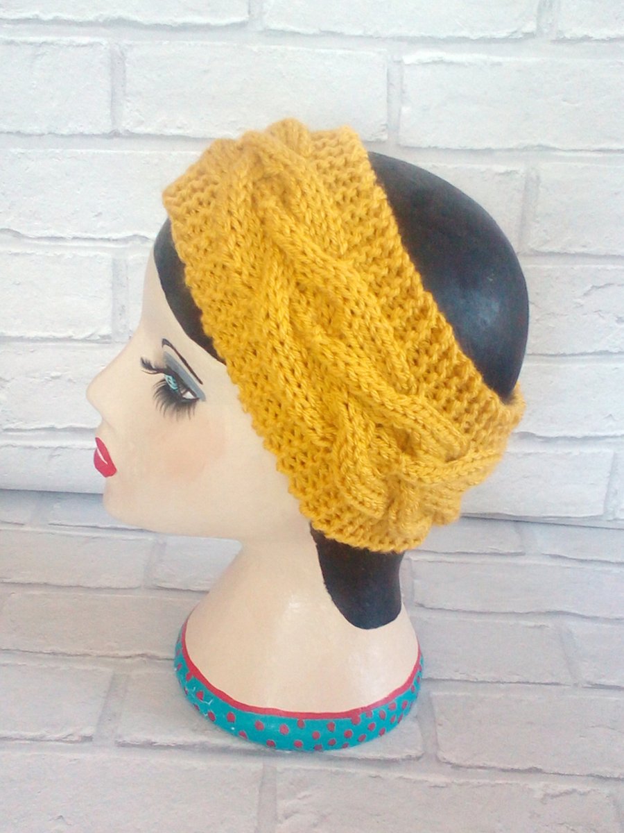 Mustard Knitted Headband Ear, Cable Adult Warmer Chunky Knit Hairband
