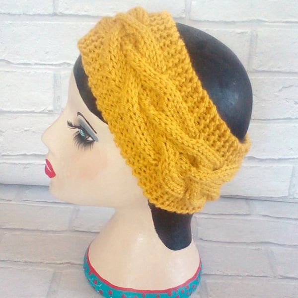 Mustard Knitted Headband Ear, Cable Adult Warmer Chunky Knit Hairband