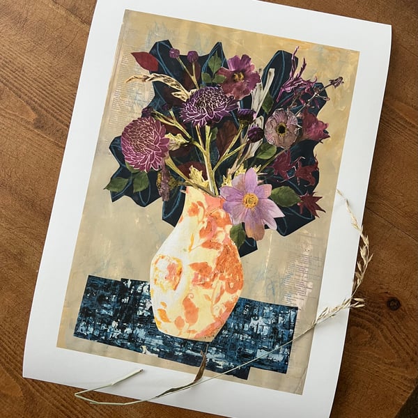 A3 art print - Autumn flowers in orange patterned vase (05)