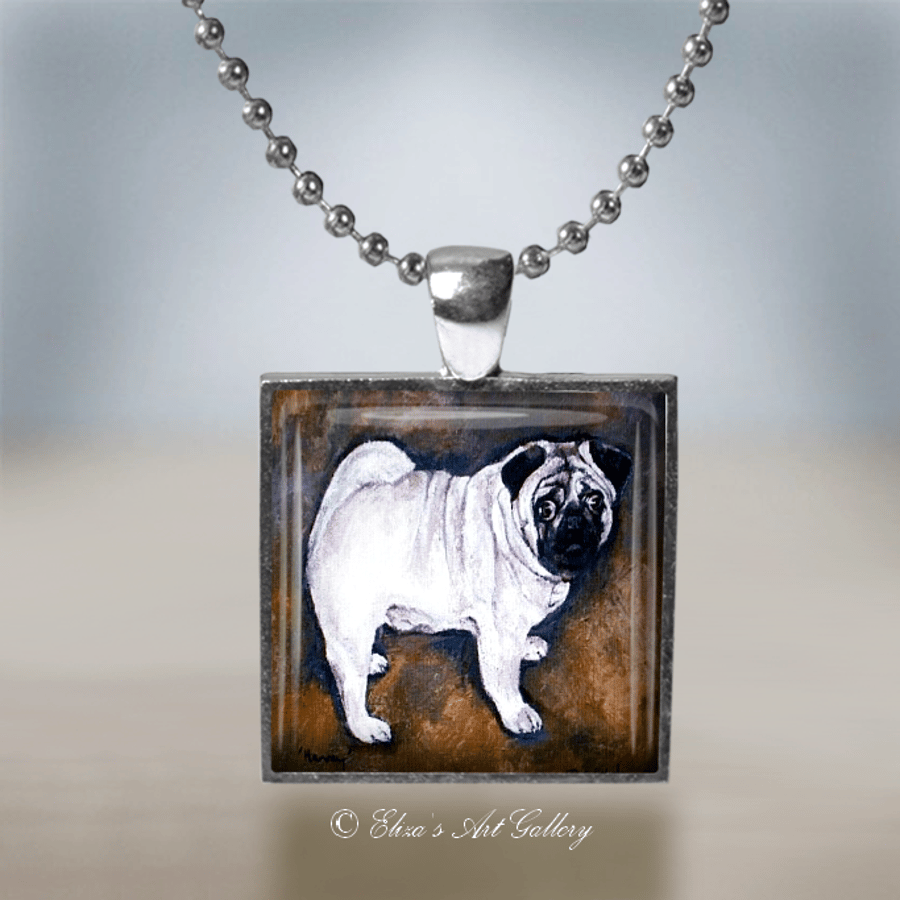 Silver Plated Pug Dog Art Pendant Necklace