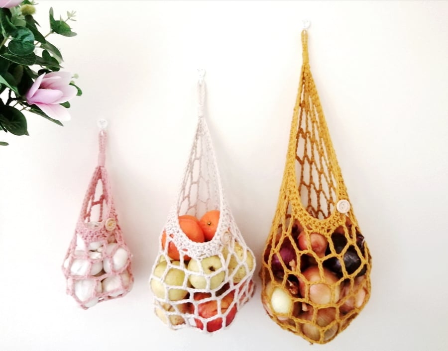 Cotton Fruit Veggie hanging basket  Produce bag Kitchen decor Kitchen storage
