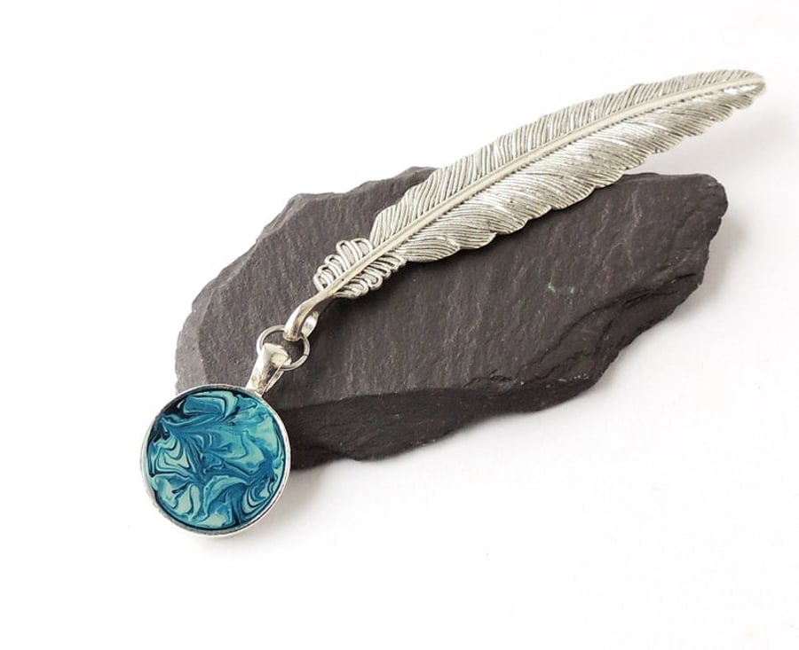Blue Feather Bookmark, Antique Silver - F024