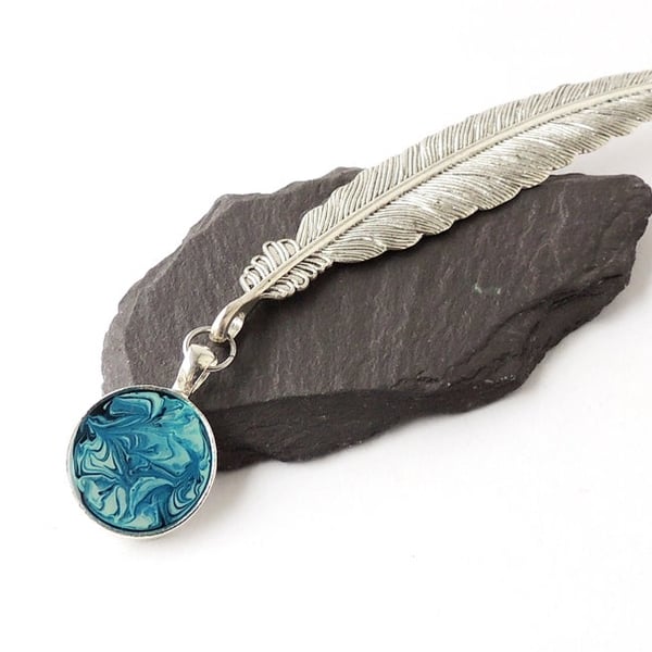 Blue Feather Bookmark, Antique Silver - F024