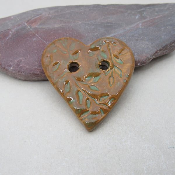 Medium Stormy Olive Leaf Sprig Texture Heart Shaped Ceramic Button