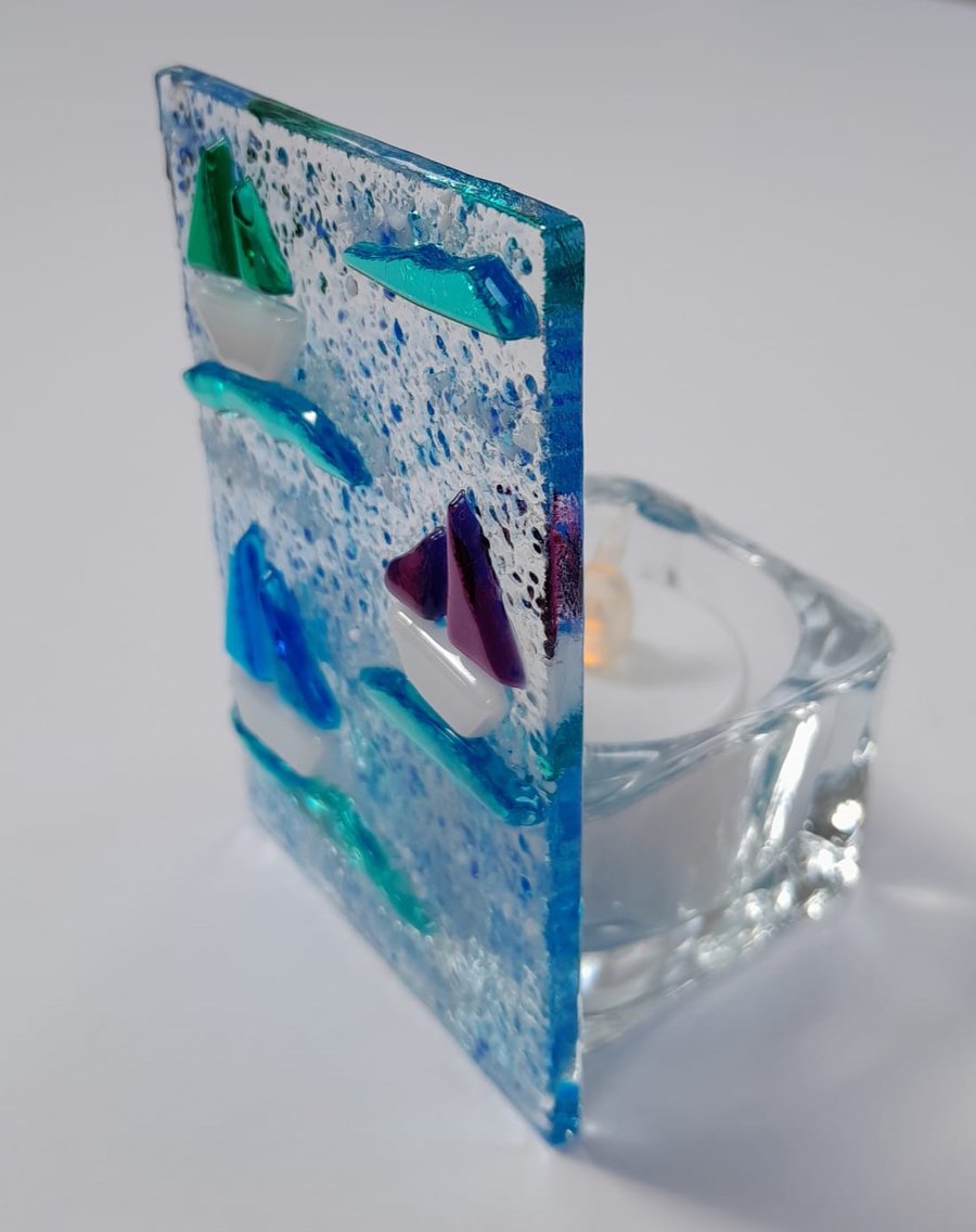 Fused Glass Green, Purple & Blue Boats Tealight Holder 