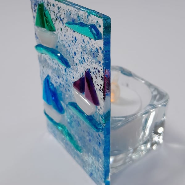 Fused Glass Green, Purple & Blue Boats Tealight Holder 
