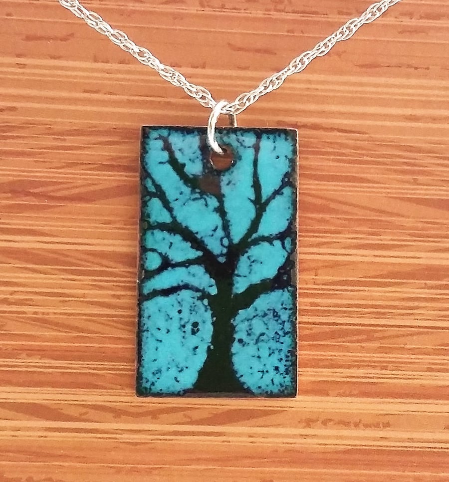 Tree design rectangular pendant in enamelled copper 205