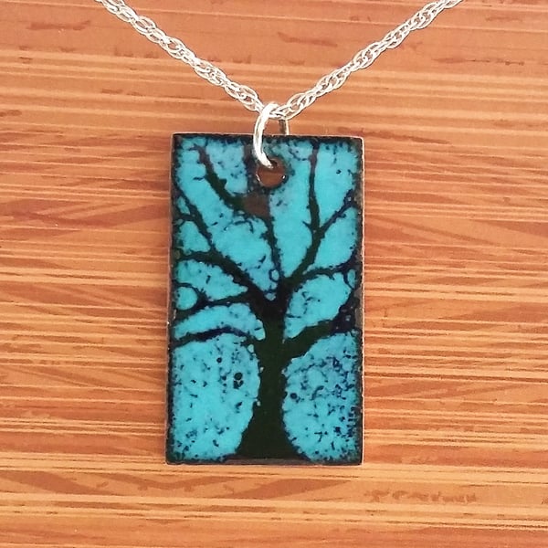 Tree design rectangular pendant in enamelled copper 205