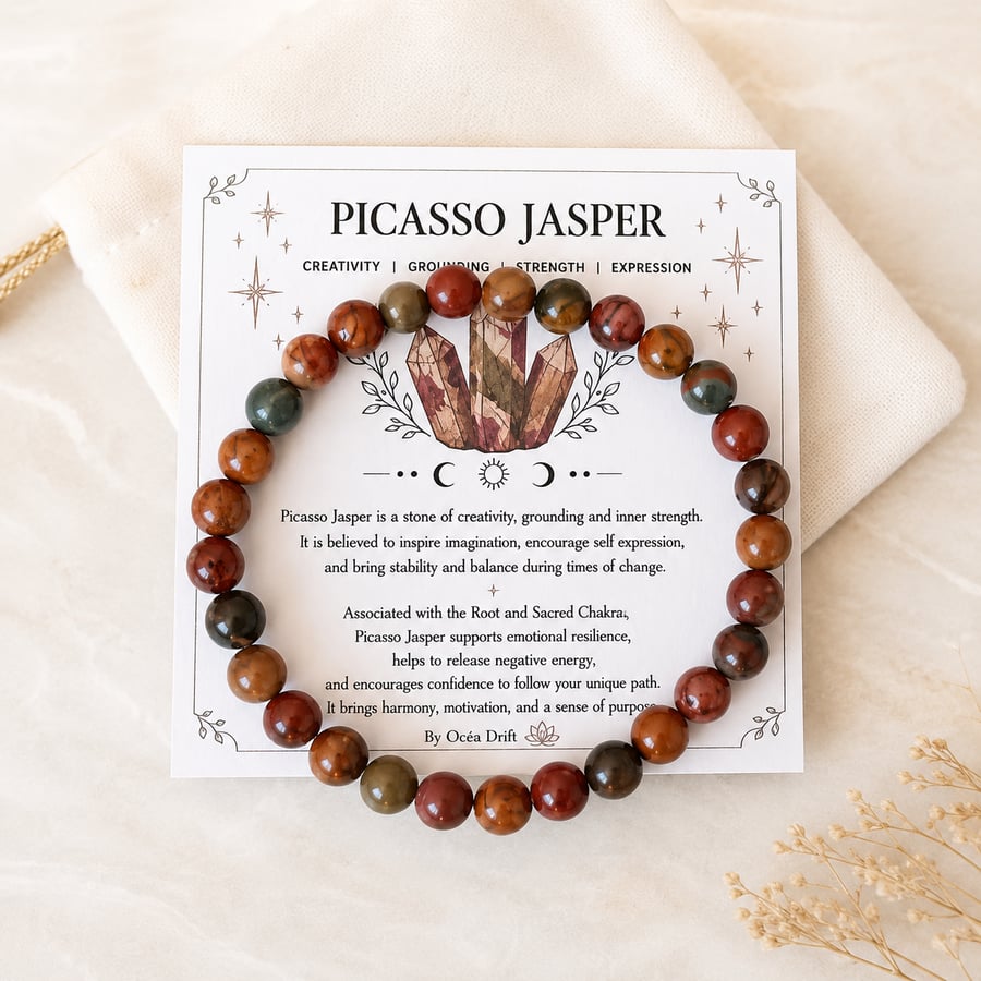 PICASSO JASPER Bracelet & Crystal Meaning Card - Handmade Stretch Jewellery
