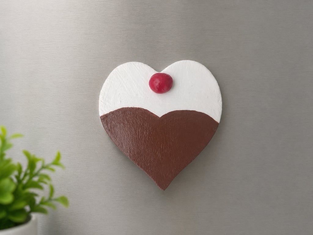 Fake Chocolate Heart with White Topping and Cherry Detail Cookie Fridge Magnet 