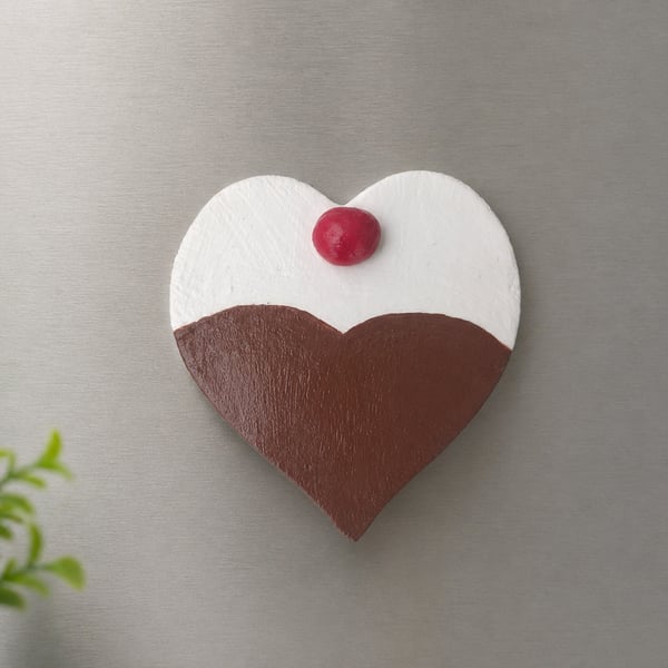 Fake Chocolate Heart with White Topping and Cherry Detail Cookie Fridge Magnet 
