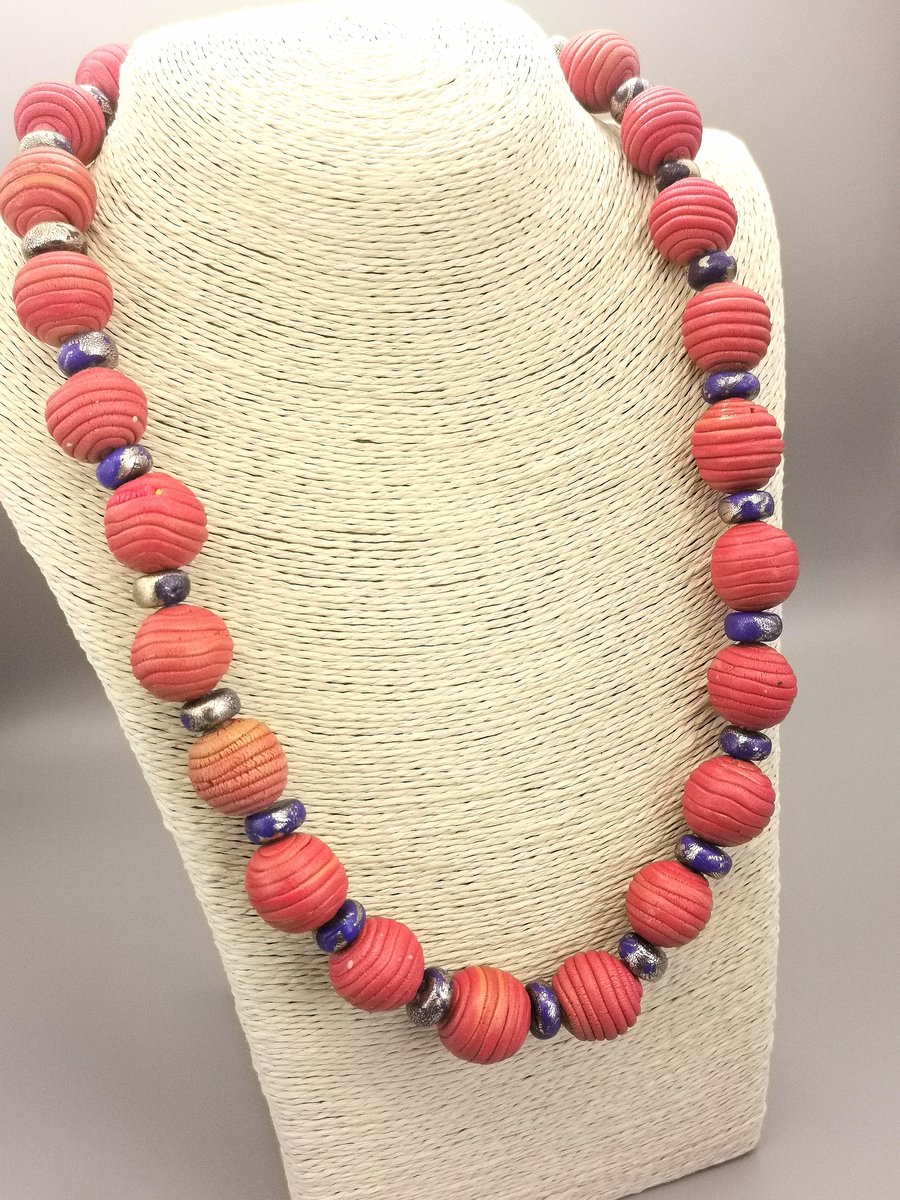 Orange and blue chunky, bead necklace