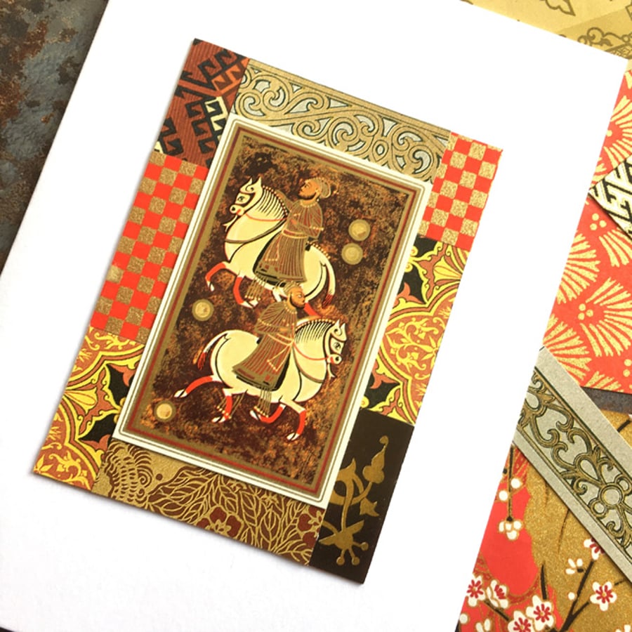 Handmade card. Collage - Horsemen in red and gold