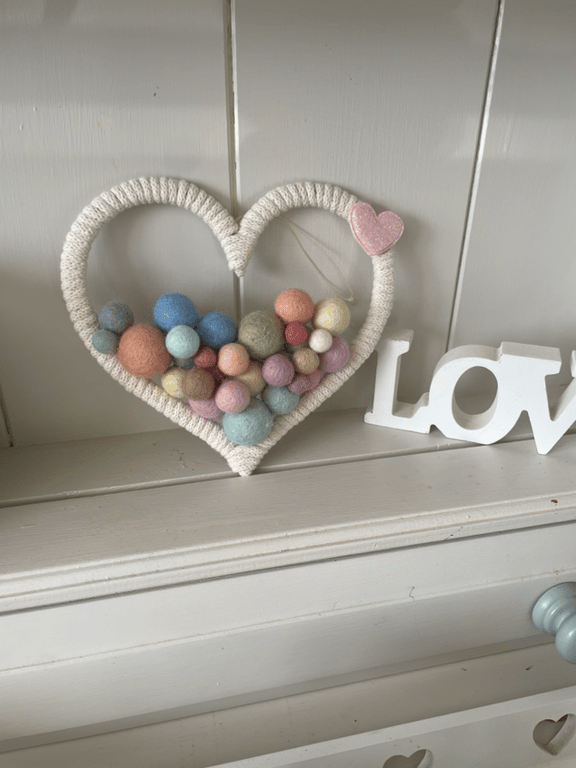 Pretty colourful marino felted ball macrame wrapped heart nursery wall fibre art
