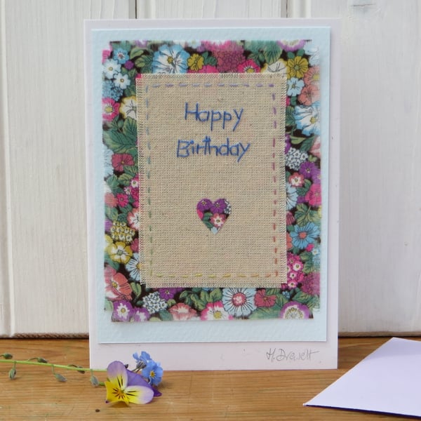 Hand-stitched birthday card, cheerful and pretty, to brighten up someone's day!