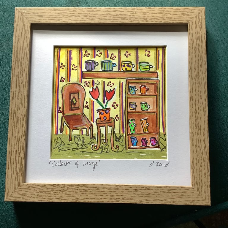 Collector of mugs. Small original illustration. Home. Wall art. 