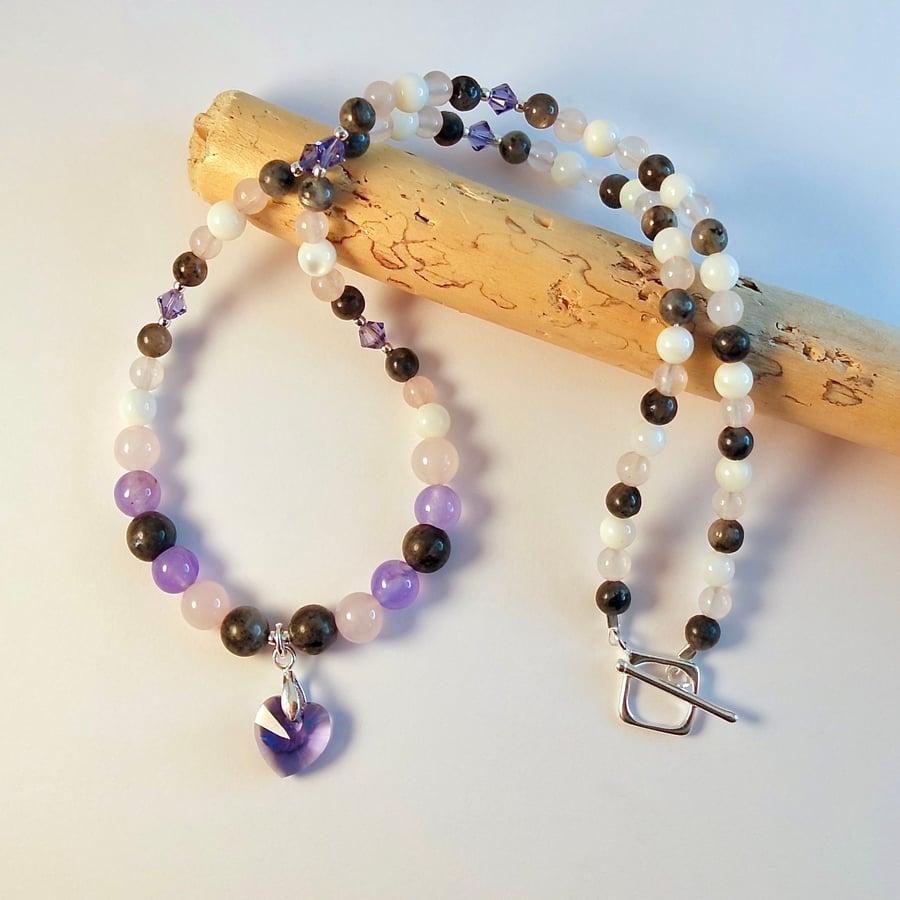 Crystal Heart Pendant, Labradorite & Quartz Necklace, Birthday, Anniversary Gift