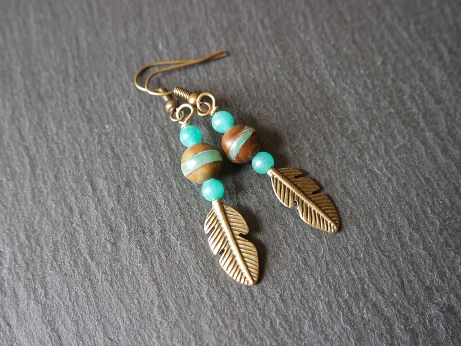 Feather earrings - dangle, bronze, green, feathers, quarz, tibet beads, boho