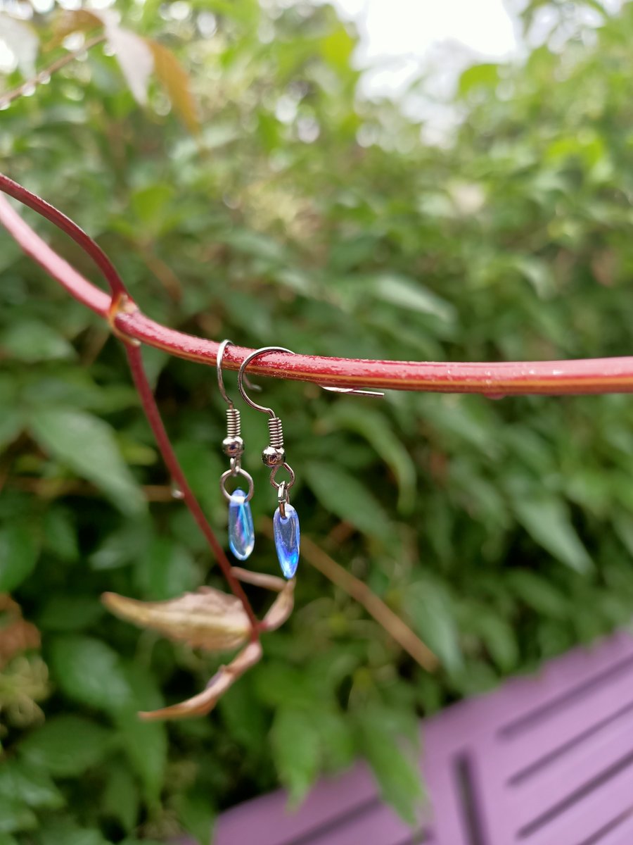 Black wire ball hook earrings with blue glass dagger beads