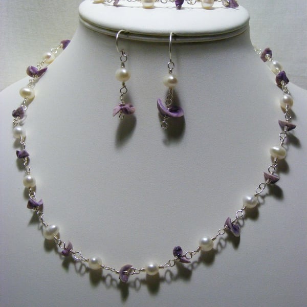 Freshwater Pearl and Cebu Purple Seashell Rosary Jewellery Set