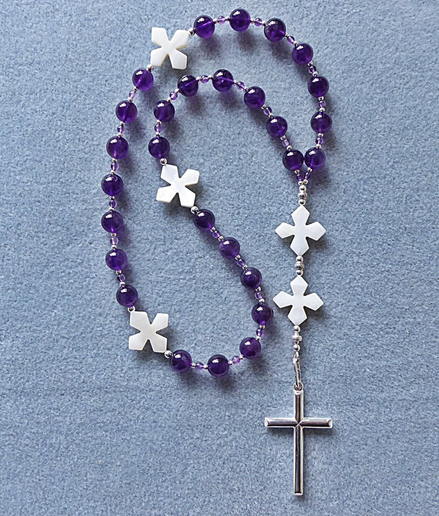 Anglican Prayer Beads with Amethyst, Mother of Pearl and Sterling Silver