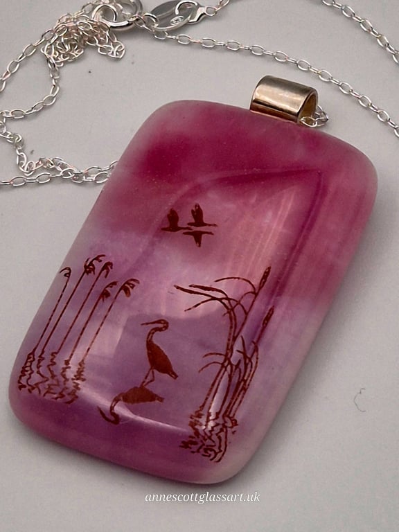 Standing in Pink Water, Fused Glass Pendant with Sterling Silver Findings