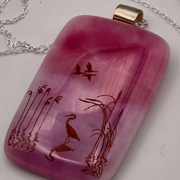 Standing in Pink Water, Fused Glass Pendant with Sterling Silver Findings