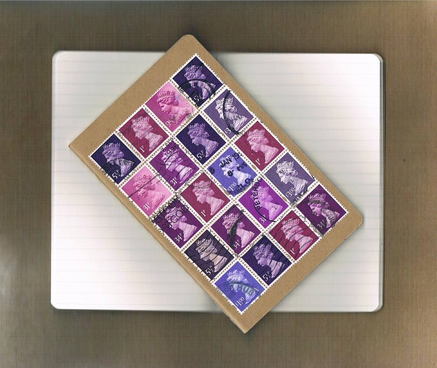 FIRST CLASS NOTEBOOK Purple Machin stamps, custom Moleskine cahier, mail art