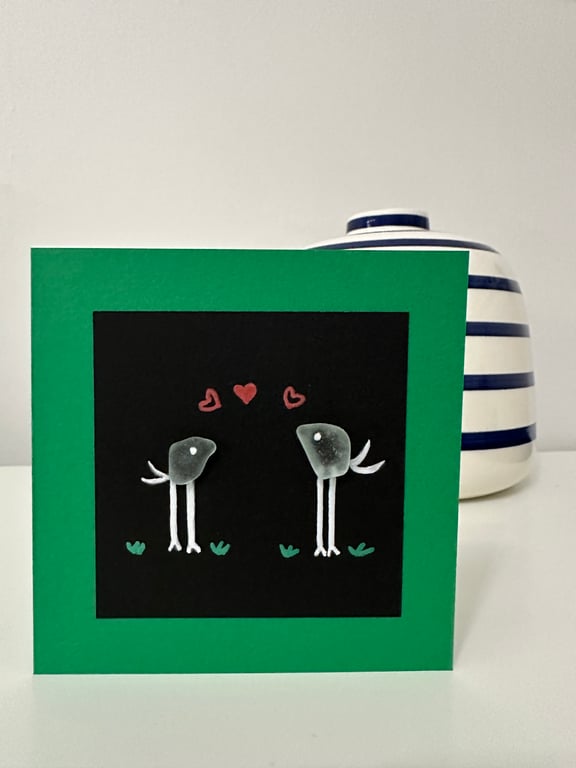 Friendship, birthday anniversary card. Sea glass, Cute birds, love pride