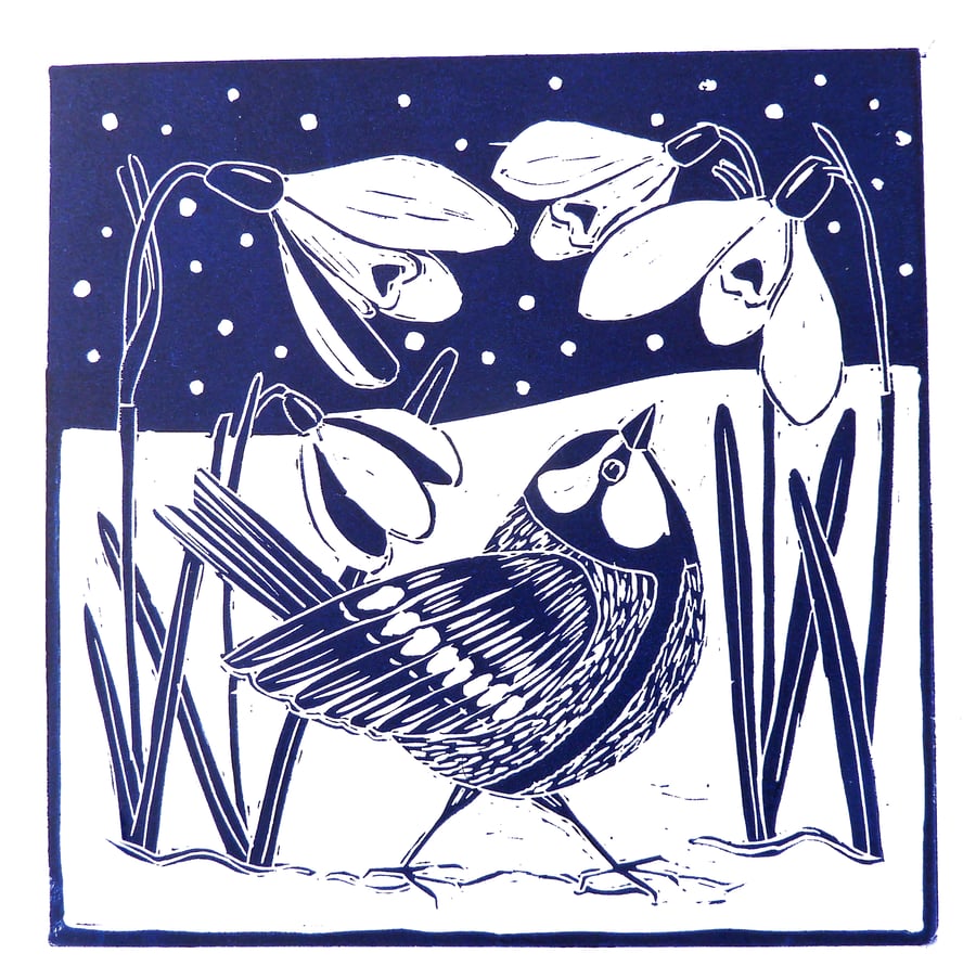 A freshly printed linocut card -Snowdrops with Great Tit