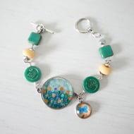 Turquoise and Yellow Bracelet with Meadow Art Pendant and Butterfly Charm