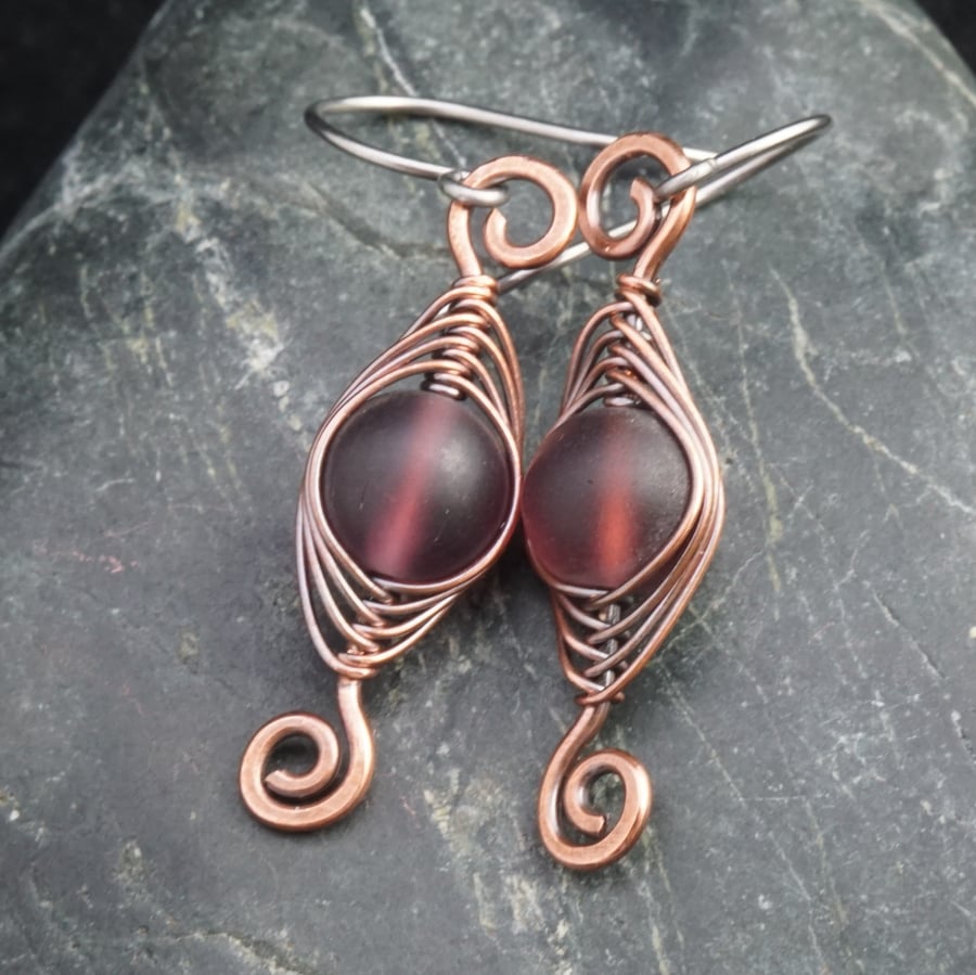 Copper Wire Wrapped Dangle Earrings with Red Purple Beads