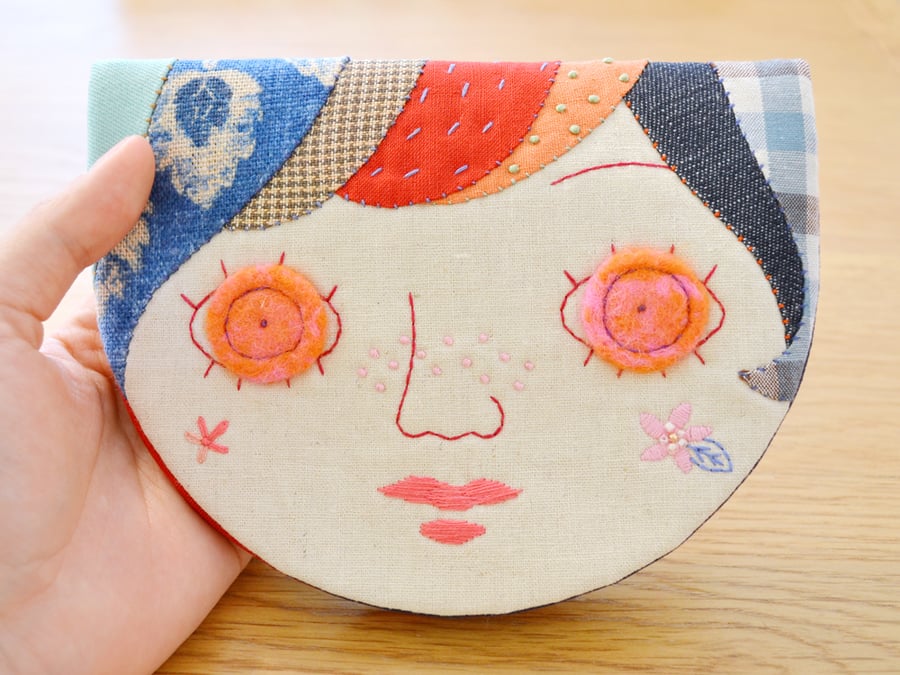 Dolly Face Applique Fabric Pouch, Clutch Purse, Envelope Clutch Purse