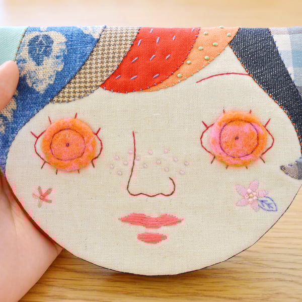 Dolly Face Applique Fabric Pouch, Clutch Purse, Envelope Clutch Purse