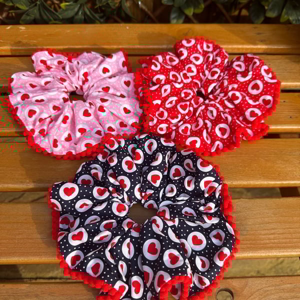 XXL Scrunchies, Heart Print Scrunchies with PomPom Lace, Gifts for her