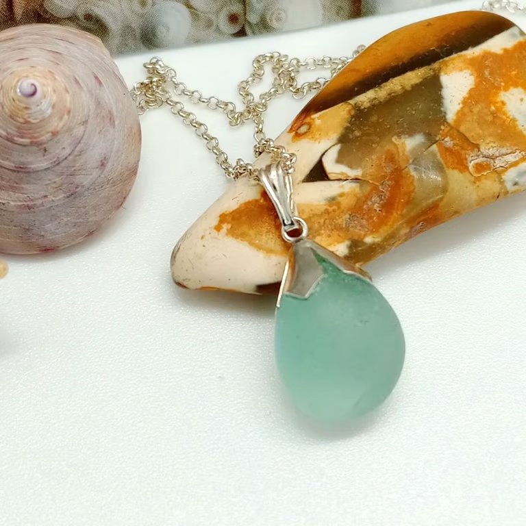 Aqua blue green sea glass pendant seaham sea tumbled 