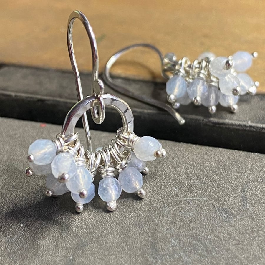 Aquamarine Gemstone Recycled Sterling Silver Double Ruffle Dangle Earrings