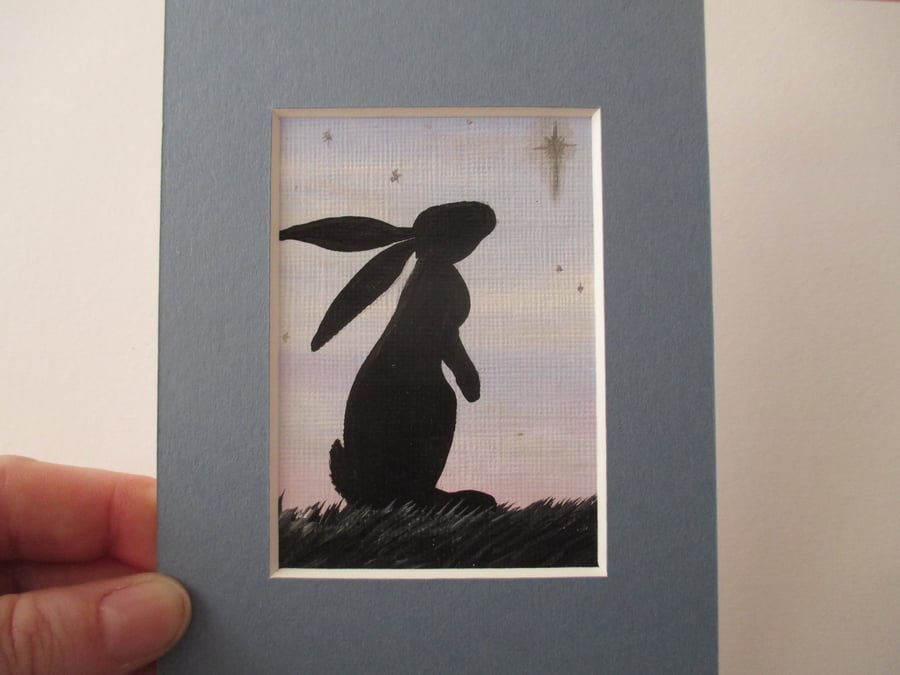 ACEO bunny rabbit silhouette starry sky original miniature art painting picture 