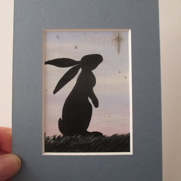 ACEO bunny rabbit silhouette starry sky original miniature art painting picture 