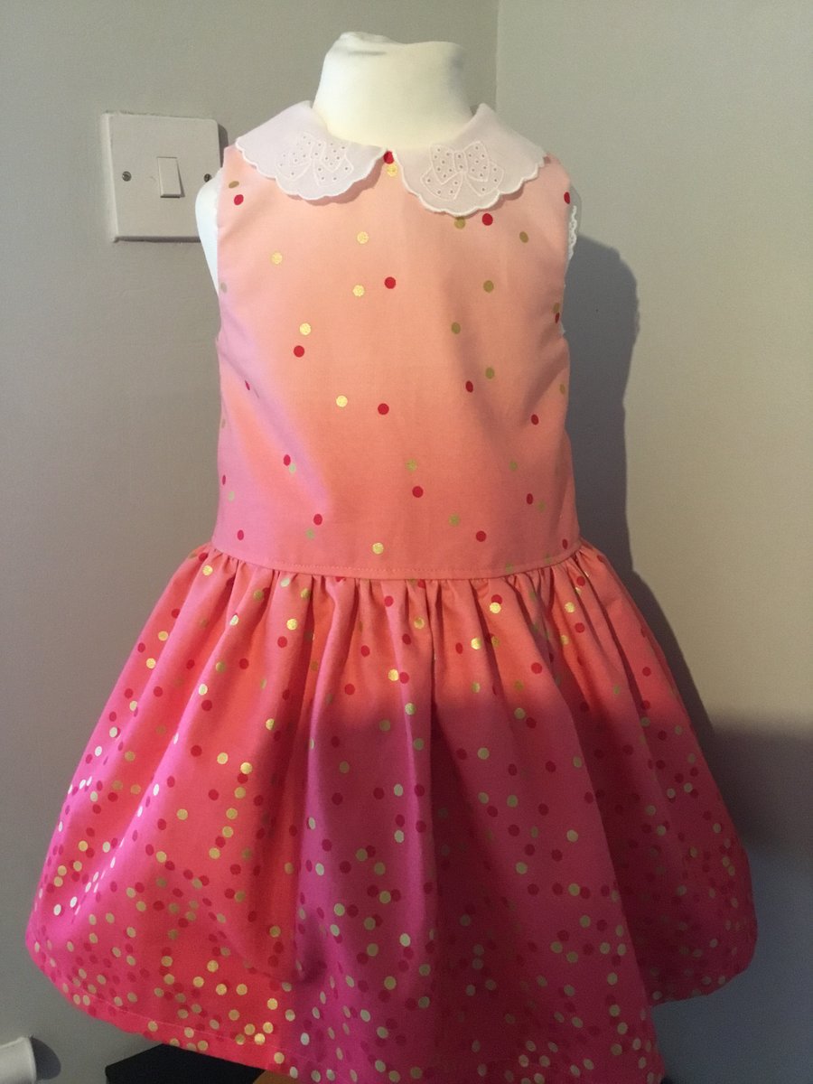 Girls party dress, coral and gold dress, ombré effect dress, flowergirl, 2-3 yrs