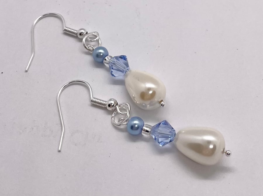 Blue Shell Pearl Swarovski Crystal Teardrop Earrings 